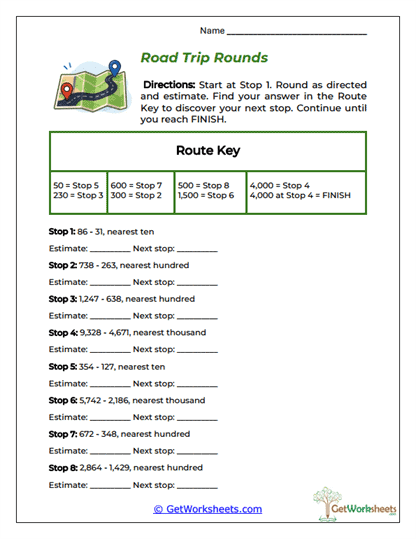 Road Trip Rounds Worksheet
