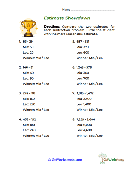 Estimate Showdown Worksheet