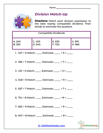 Estimating Quotients (Division) Worksheets