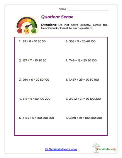 Quotient Sense Worksheet