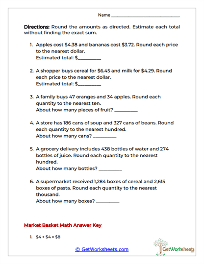 Market Basket Math Worksheet