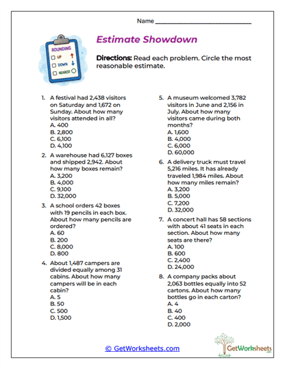 Estimate Showdown Worksheet