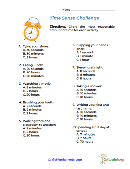 Time Sense Challenge Worksheet