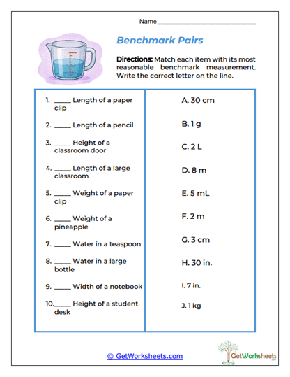 Benchmark Pairs Worksheet
