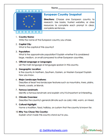 European Country Snapshot Worksheet