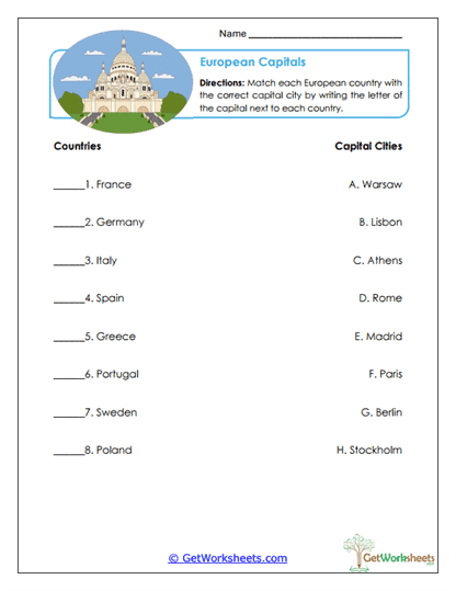 European Capitals Worksheet