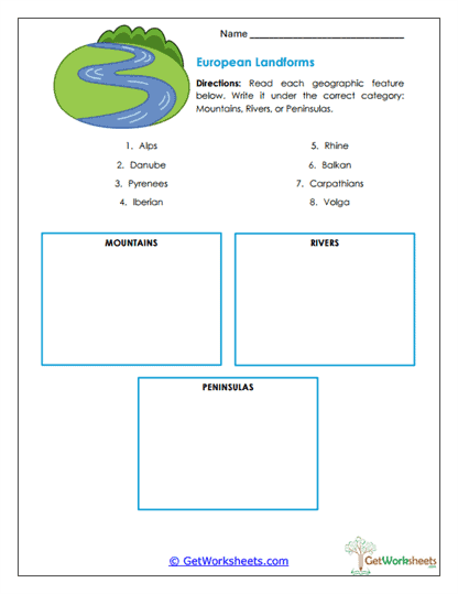 European Landforms Worksheet