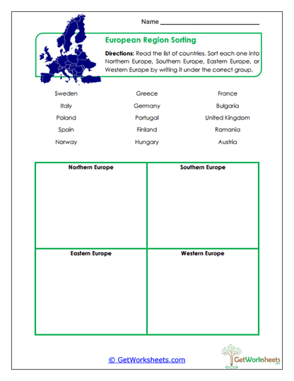 European Region Sorting Worksheet
