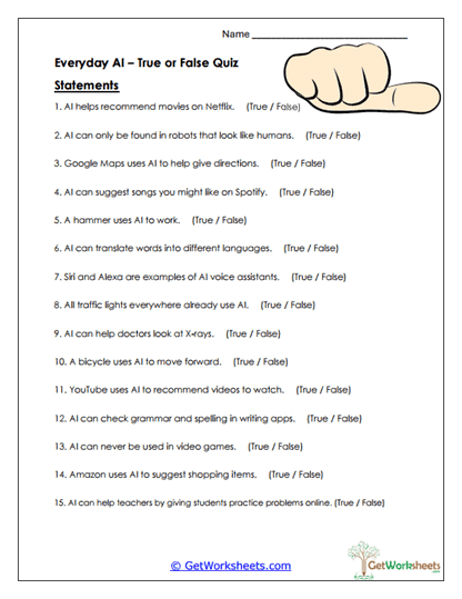 Everyday AI - True or False Quiz Worksheet
