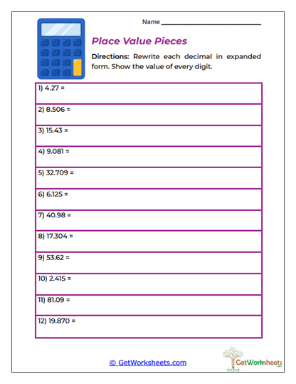 Place Value Pieces Worksheet