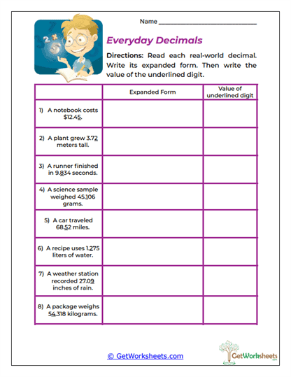 Everyday Decimals Worksheet