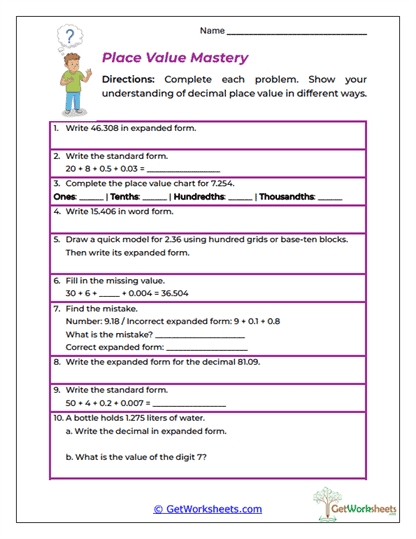Place Value Mastery Worksheet