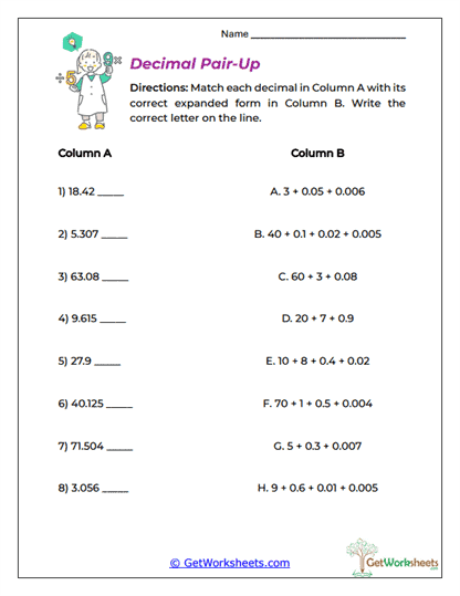 Decimal Pair-Up Worksheet