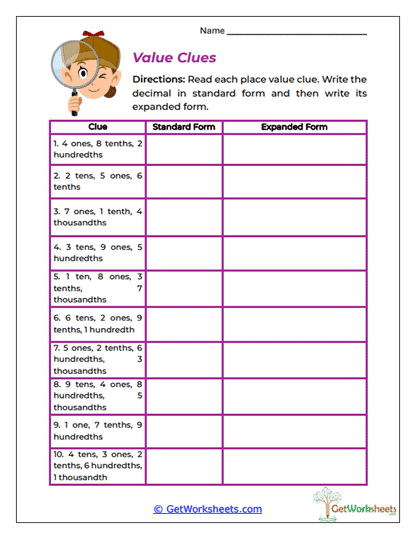 Value Clues Worksheet