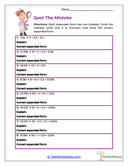 Spot the Mistake Worksheet
