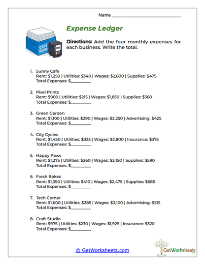 Monthly Expense Total Worksheet