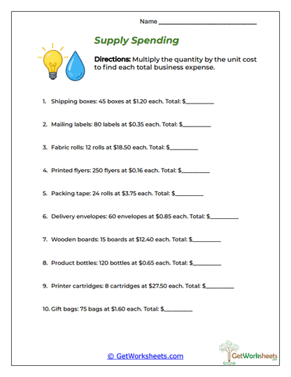 Supply Cost Calculator Worksheet