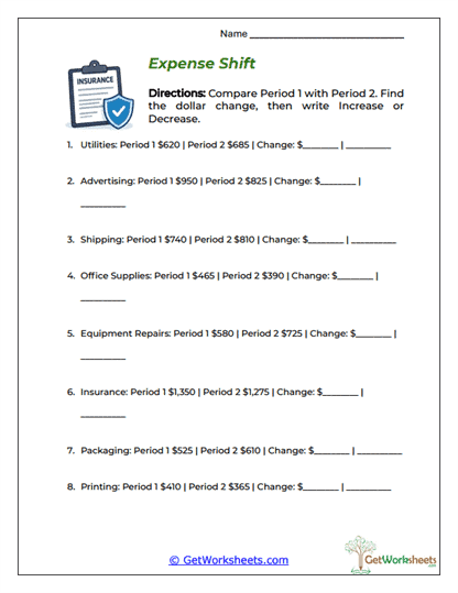 Expense Change Tracker Worksheet