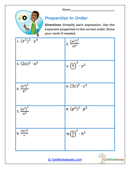 Properties in Order Worksheet