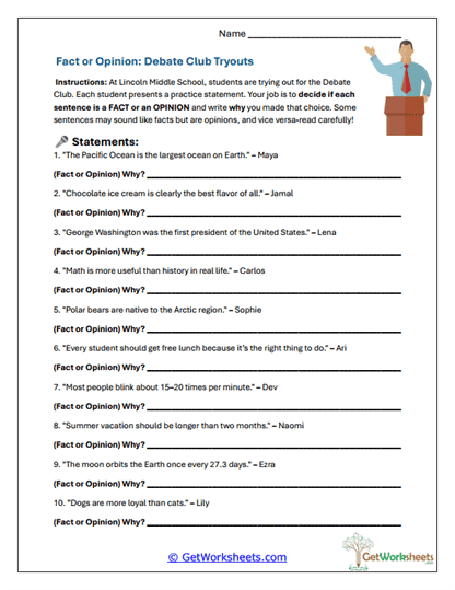 Opinion or Evidence Detector Worksheet