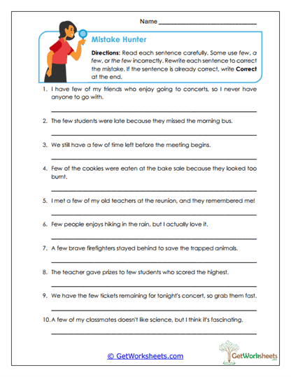 Few vs. A Few vs. The Few Worksheets