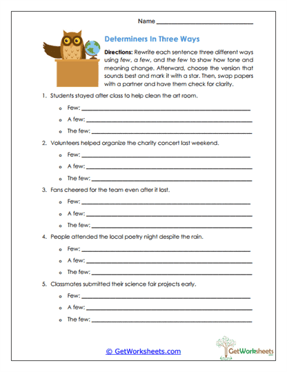 Determiners in Three Ways Worksheet