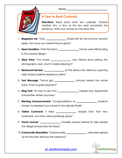 A Few in Real Contexts Worksheet