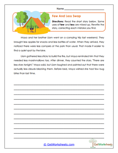 Few and Less Swap Worksheet