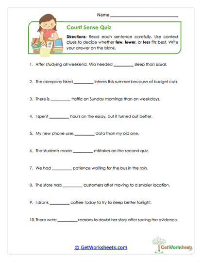 Count Sense Quiz Worksheet