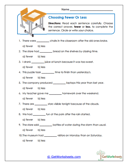 Choosing Fewer or Less Worksheet