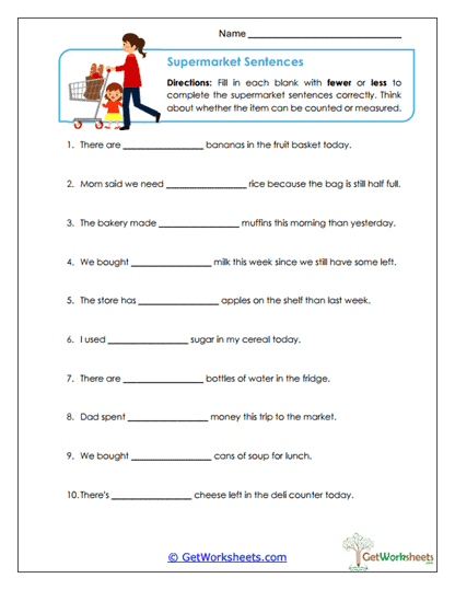Supermarket Sentences Worksheet