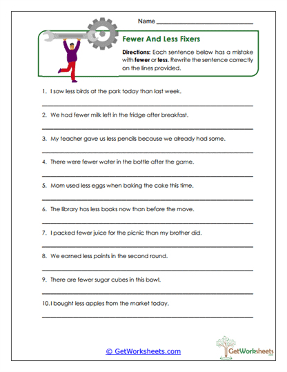 Fewer and Less Fixers Worksheet
