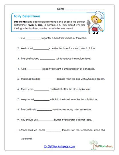Tasty Determiners Worksheet