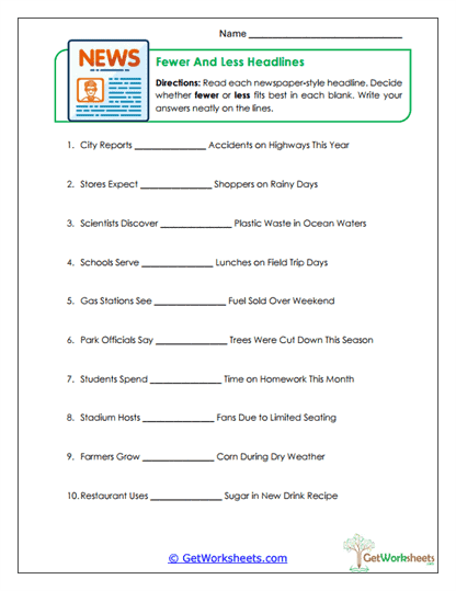 Fewer and Less Headlines Worksheet