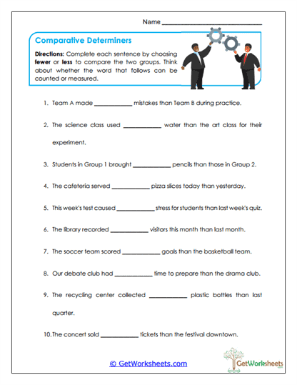Comparative Determiners Worksheet