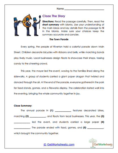 Cloze The Story Worksheet