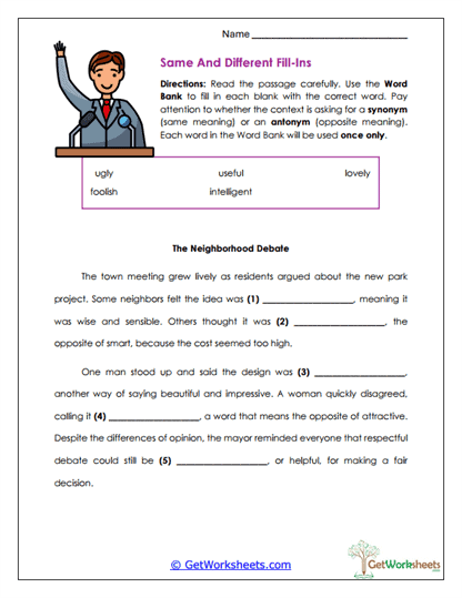 Same and Different Fill-Ins Worksheet