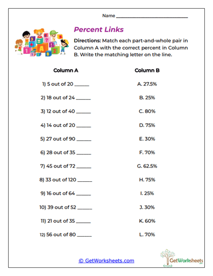 Percent Links Worksheet