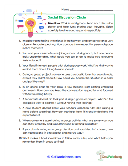 Social Discussion Circle Worksheet