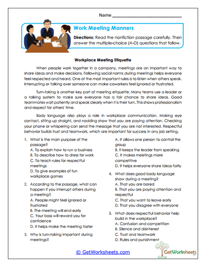 Work Meeting Manners Worksheet