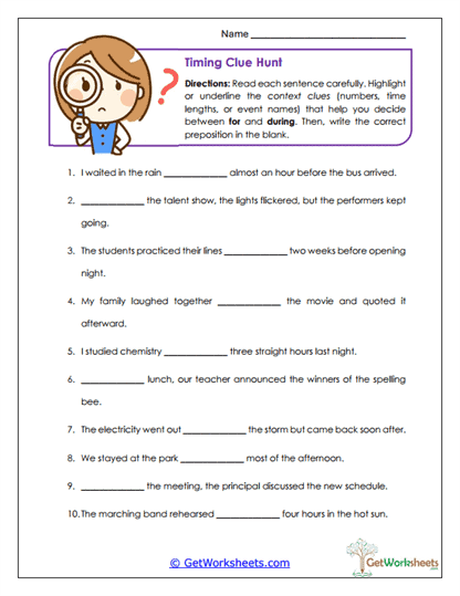 Timing Clue Hunt Worksheet