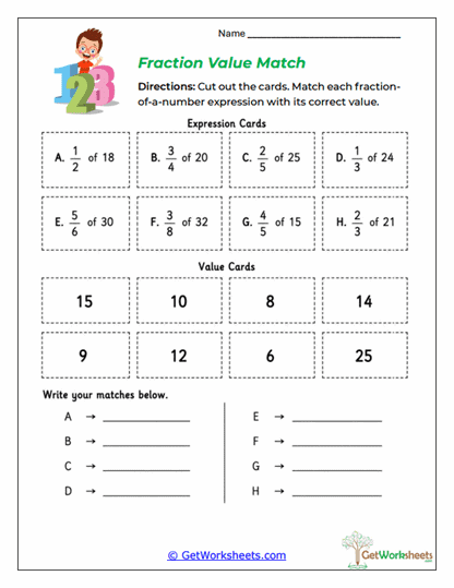 Fraction Value Match Worksheet