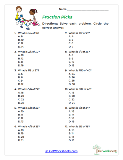 Fraction Picks Worksheet