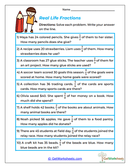 Real Life Fractions Worksheet