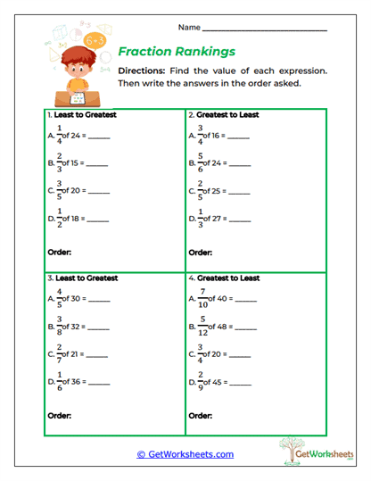 Fraction Rankings Worksheet