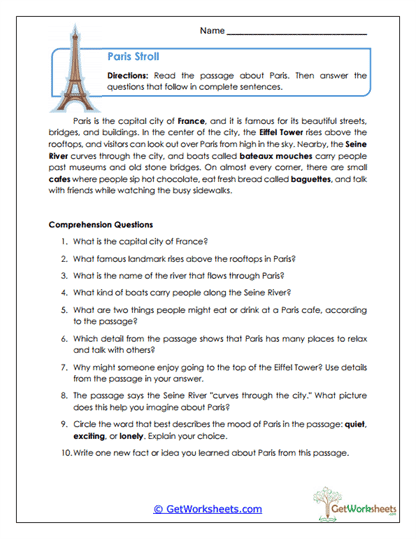 Paris Reading Worksheet