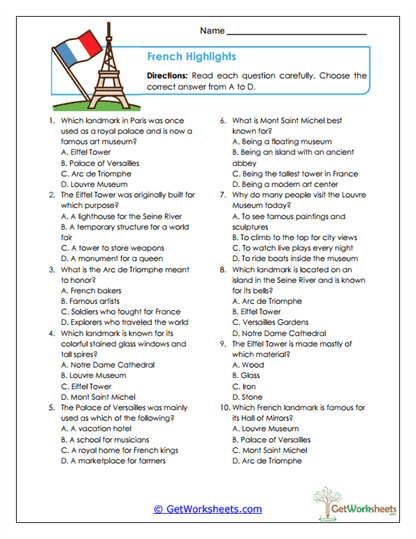 French Landmarks Quiz Worksheet