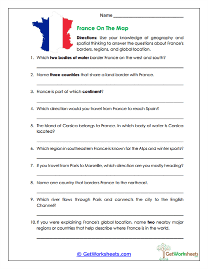 France Map Skills Worksheet