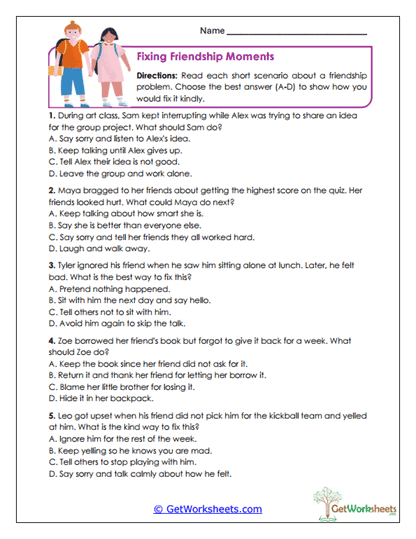 Fixing Friendship Moments Worksheet