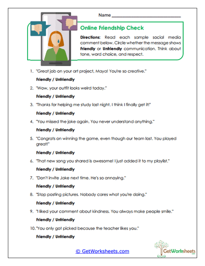 Online Friendship Check Worksheet
